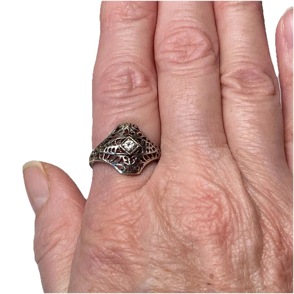 Vintage AVON NV 925 Sterling Silver Filigree Clear CZ Lace Ring Size 8